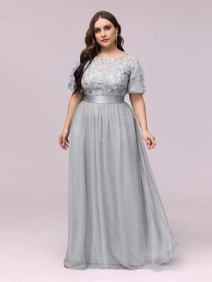 Plus Size Women's Embroidery Evening Dresses with Short Sleeve #color_Grey 