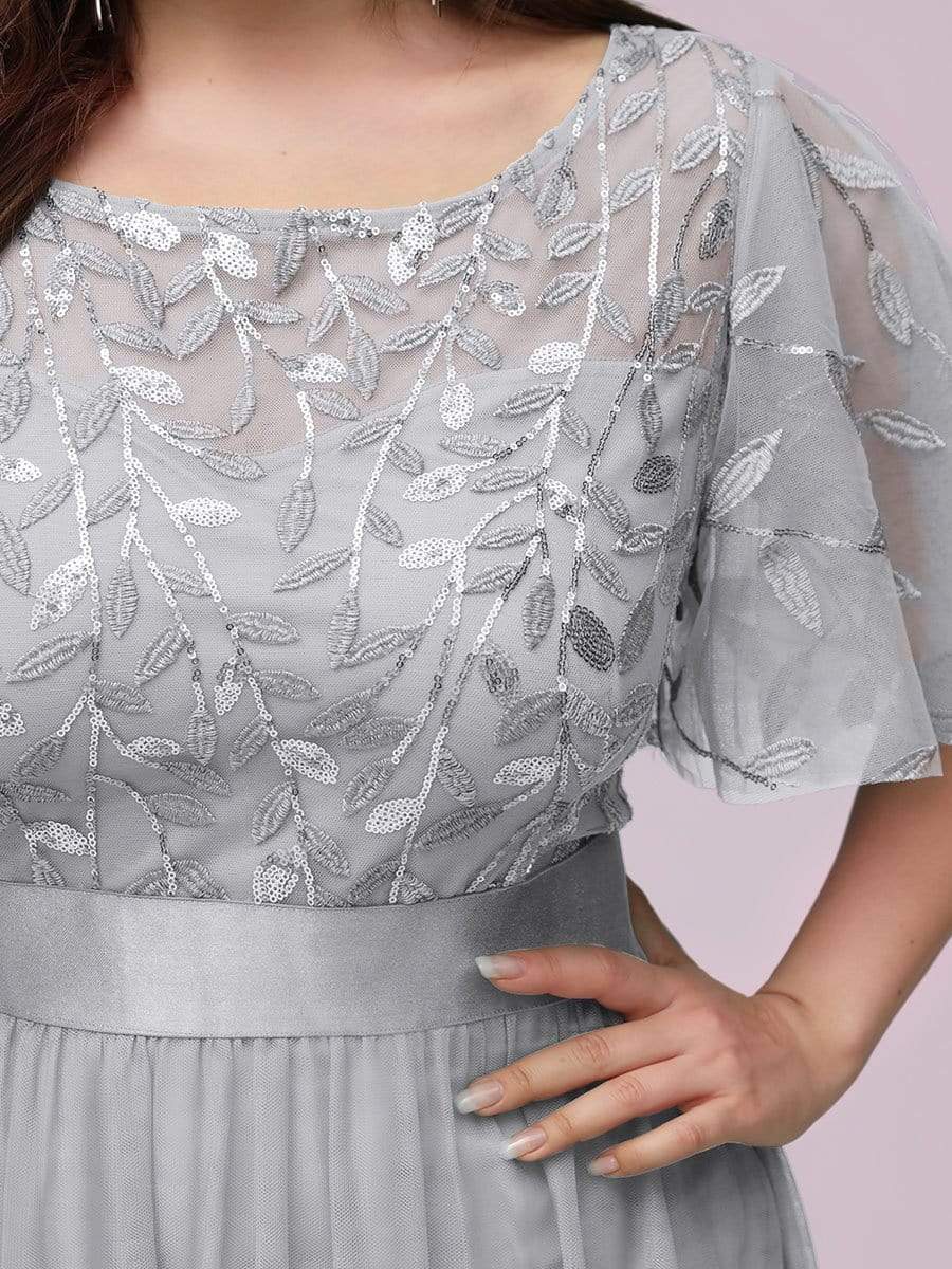 Plus Size Women's Embroidery Evening Dresses with Short Sleeve #color_Grey 