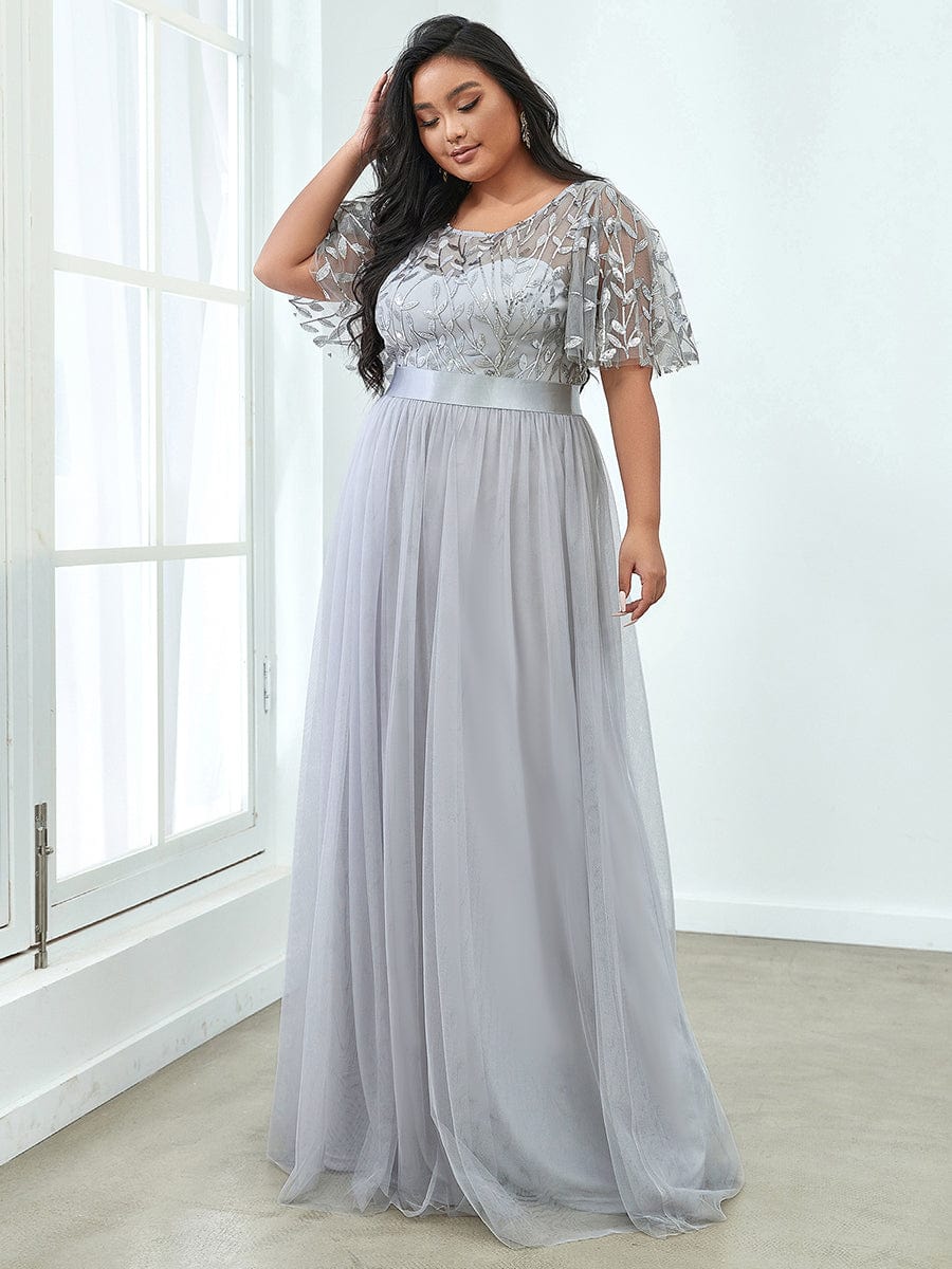 Women's A-Line Sequin Leaf Maxi Prom Dress with Sleeves #color_Grey