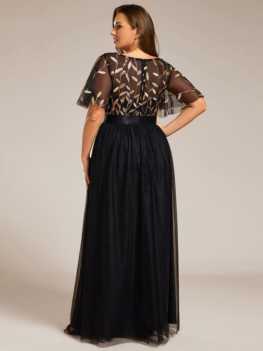 Women's A-Line Sequin Leaf Maxi Prom Dress with Sleeves #color_Black & Gold