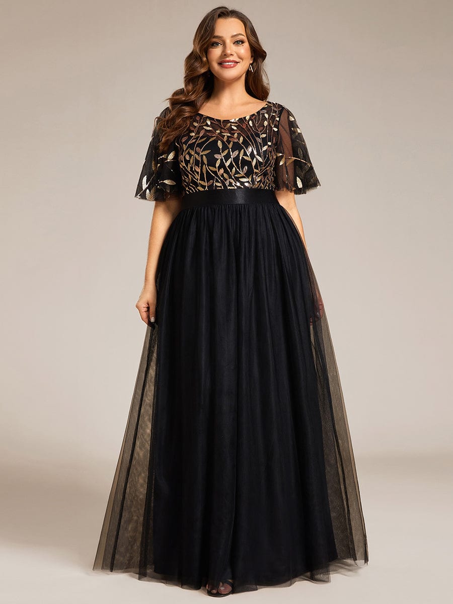 Plus Size Women's Embroidery Evening Dresses with Short Sleeve #color_Black & Gold