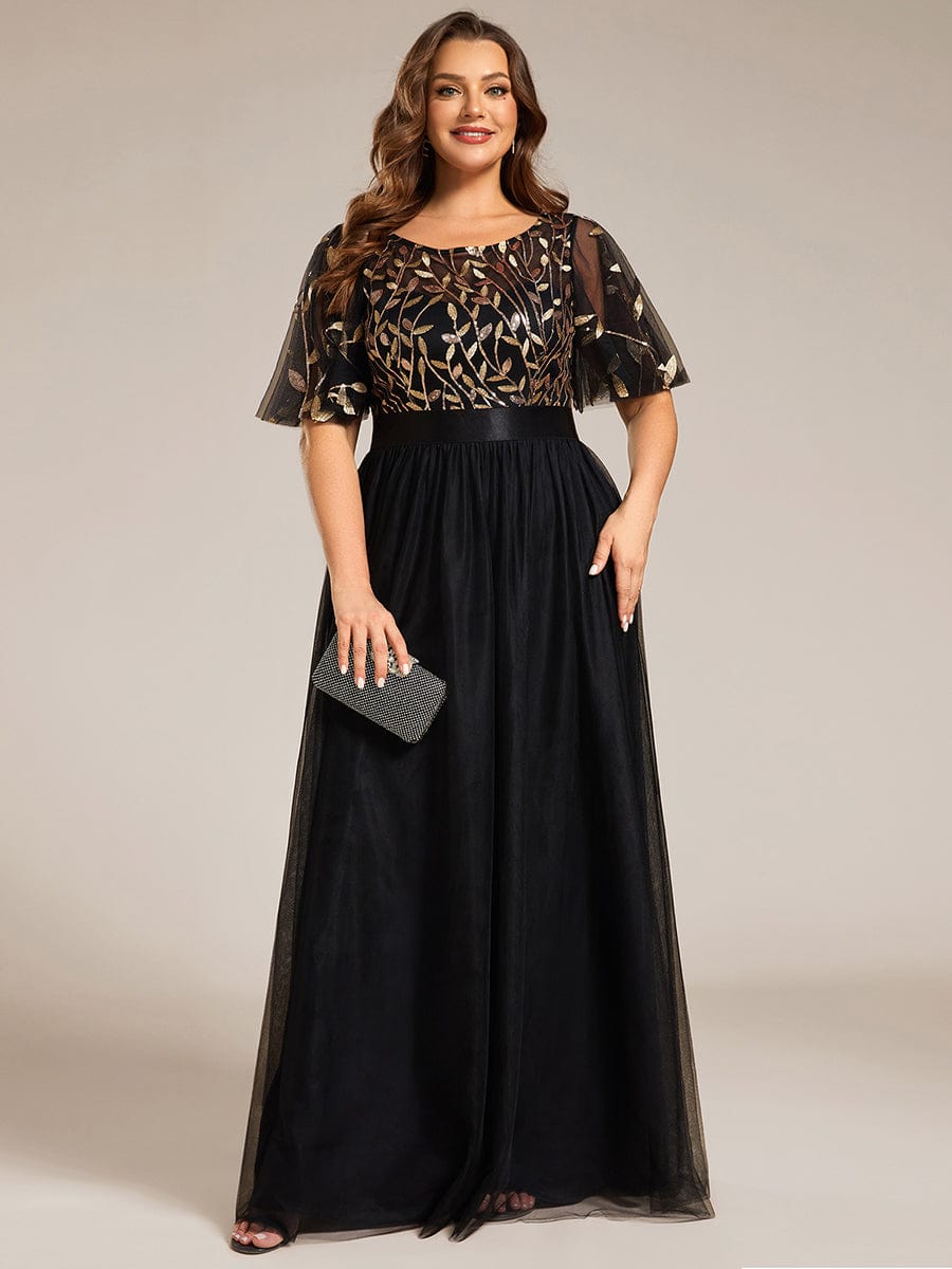 Plus Size Women's Embroidery Evening Dresses with Short Sleeve #color_Black & Gold