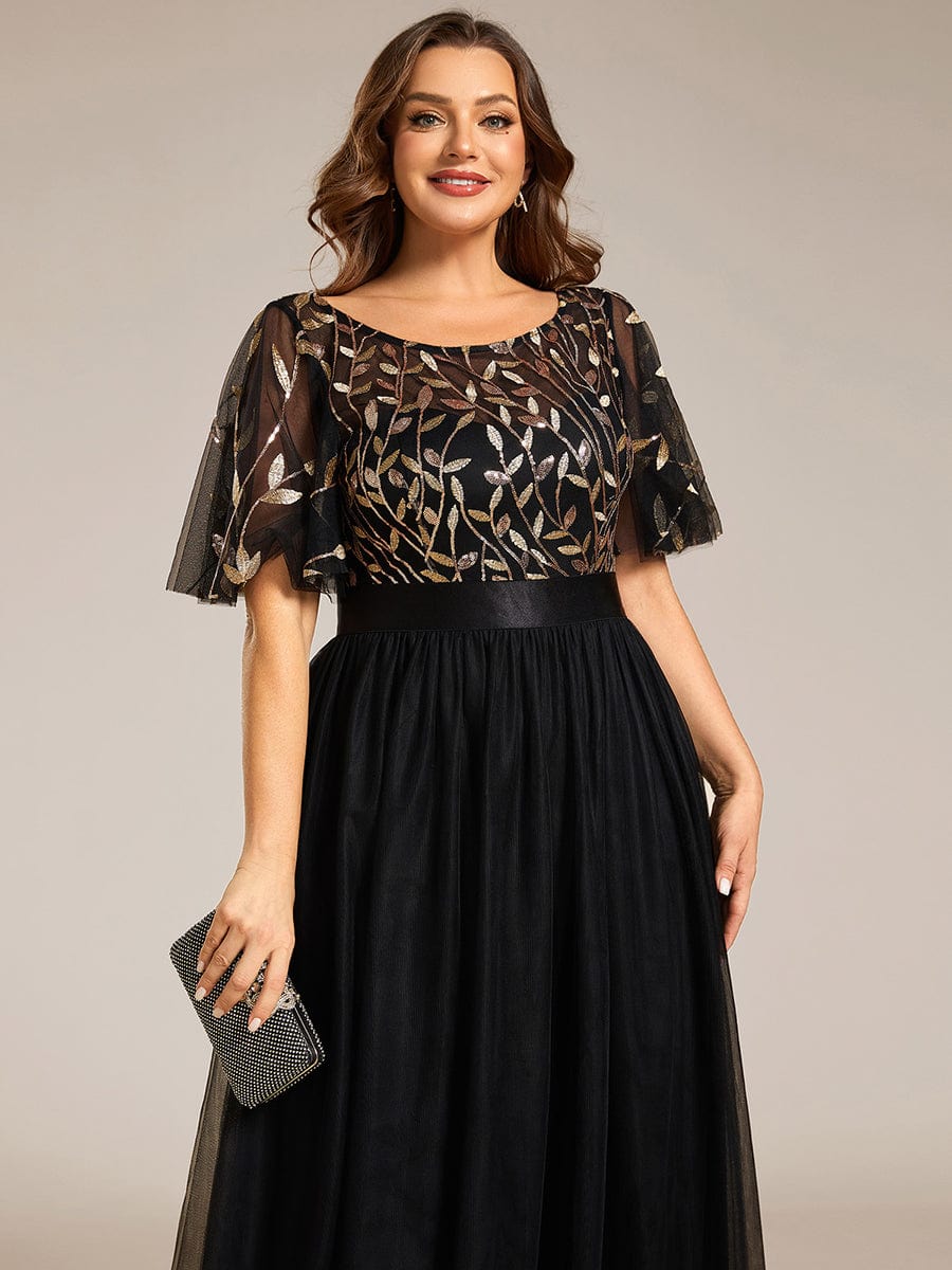 Plus Size Women's Embroidery Evening Dresses with Short Sleeve #color_Black & Gold