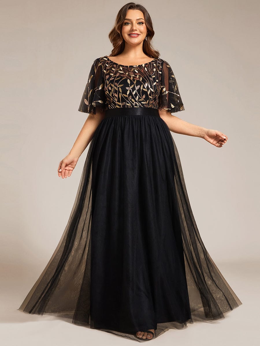 Plus Size Women's Embroidery Evening Dresses with Short Sleeve #color_Black & Gold