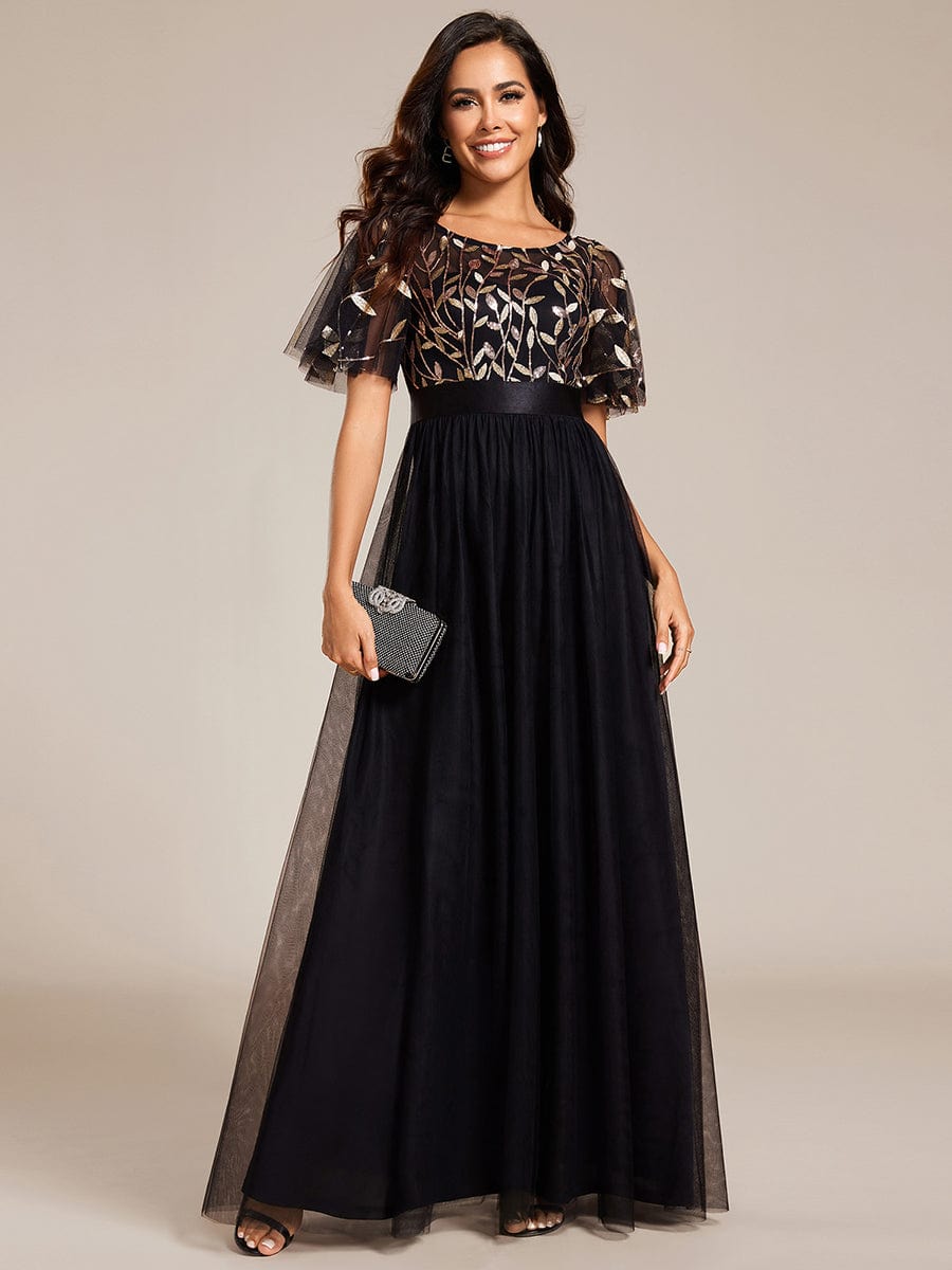 Women's A-Line Sequin Leaf Maxi Prom Dress with Sleeves #color_Black & Gold