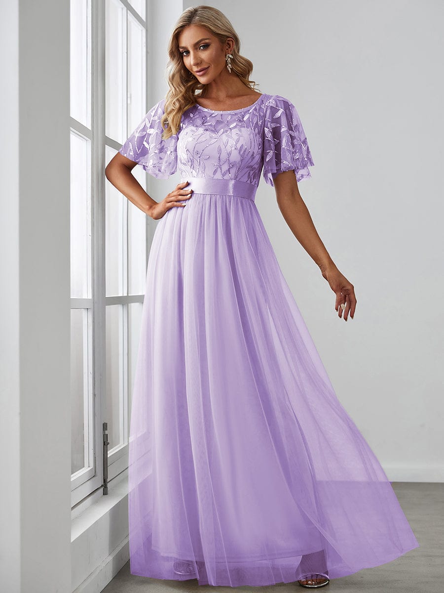 Women's A-Line Sequin Leaf Maxi Prom Dress with Sleeves #color_Lavender