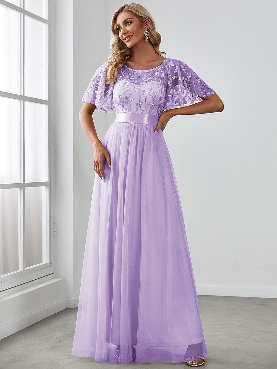 Women's A-Line Sequin Leaf Maxi Prom Dress with Sleeves #color_Lavender