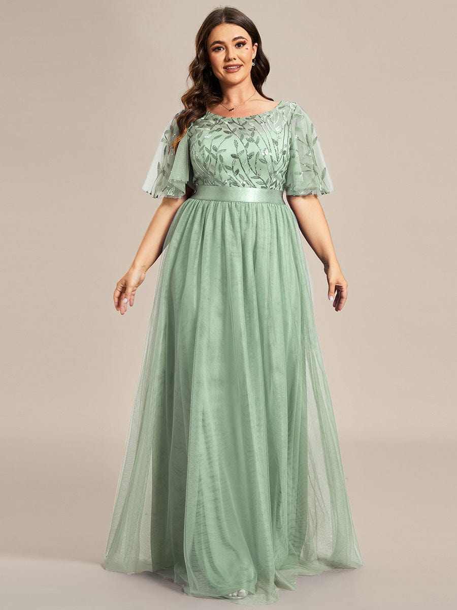 Women's A-Line Sequin Leaf Maxi Prom Dress with Sleeves #color_Mint Green