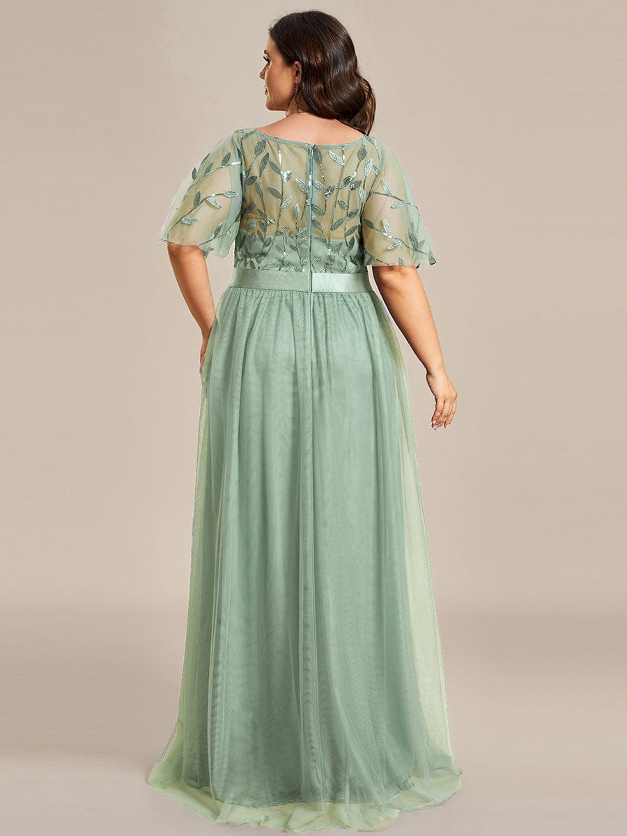 Plus Size Women's Embroidery Evening Dresses with Short Sleeve #color_Mint Green