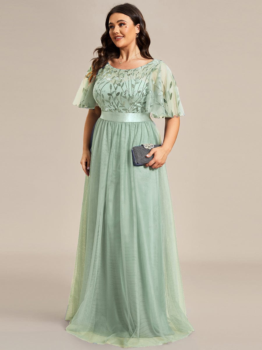 Plus Size Women's Embroidery Evening Dresses with Short Sleeve #color_Mint Green