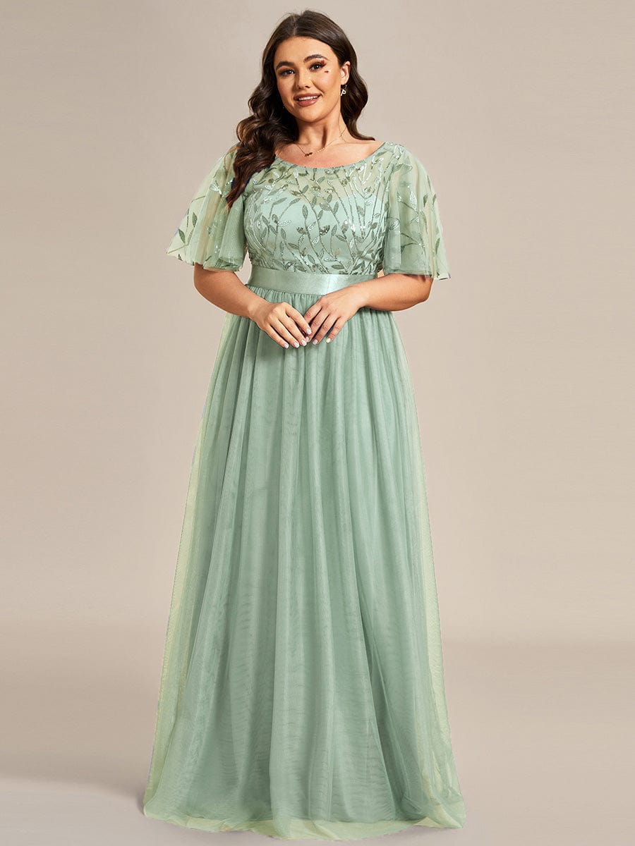 Plus Size Women's Embroidery Evening Dresses with Short Sleeve #color_Mint Green