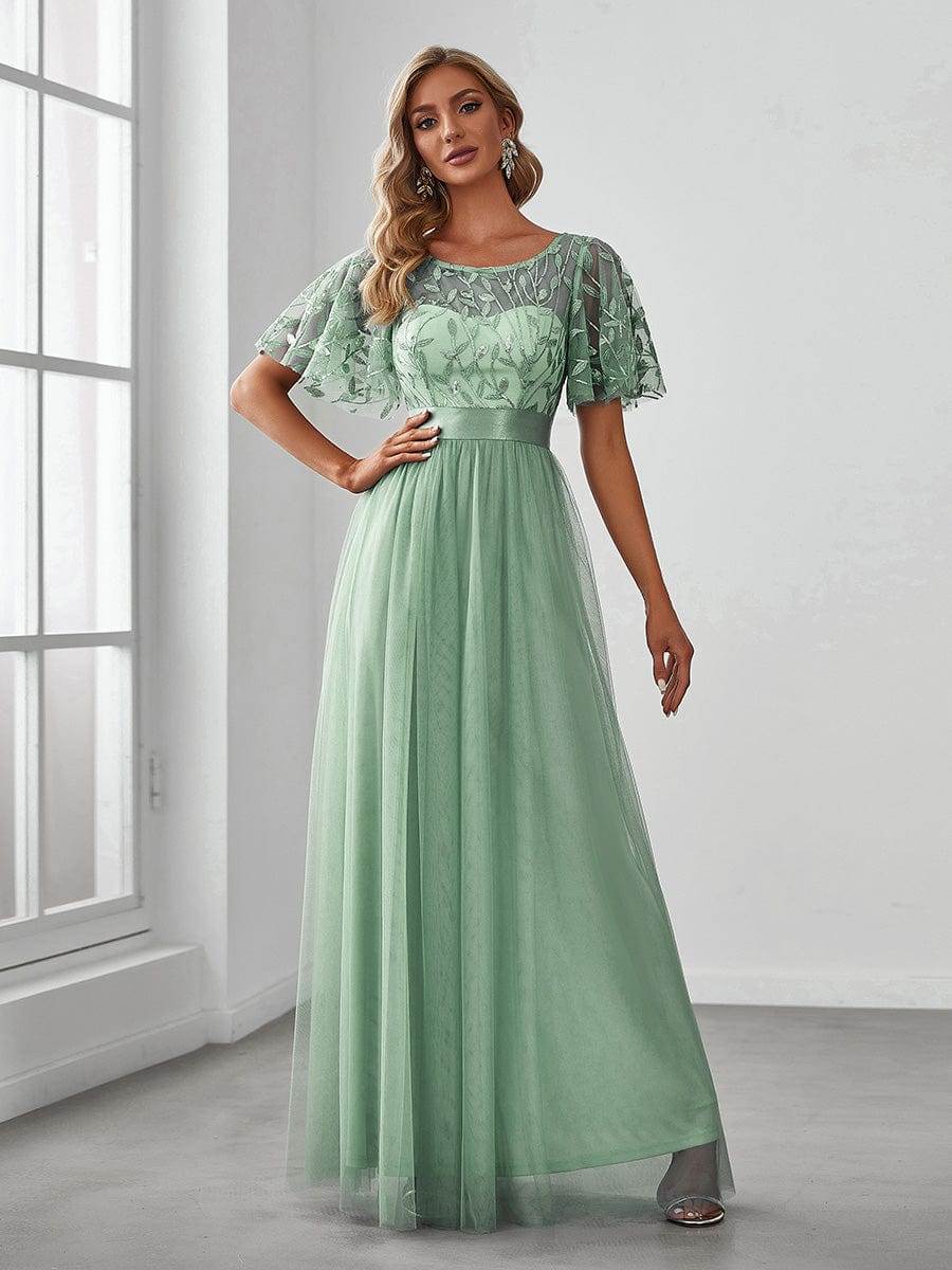 Women's A-Line Sequin Leaf Maxi Prom Dress with Sleeves #color_Mint Green