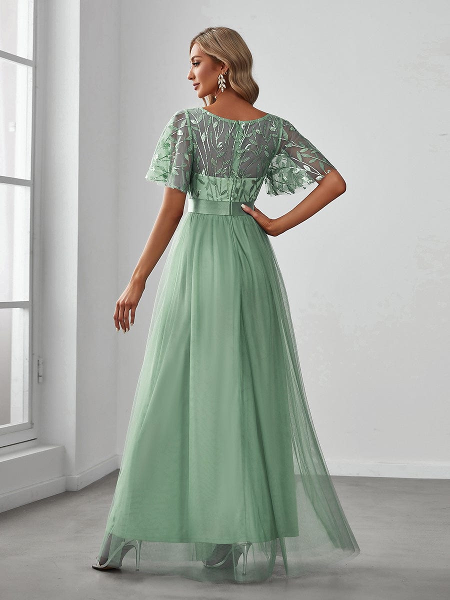 Women's A-Line Sequin Leaf Maxi Prom Dress with Sleeves #color_Mint Green