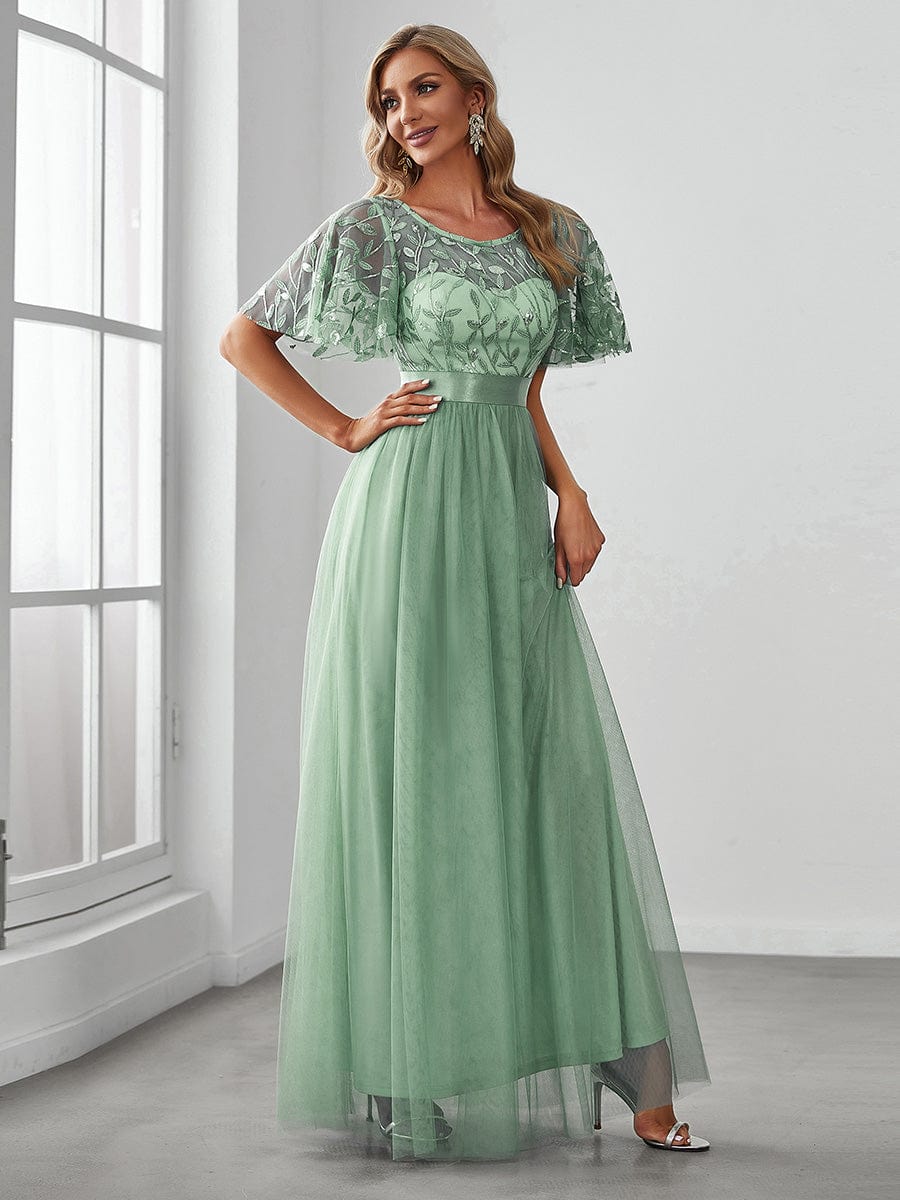 Women's A-Line Sequin Leaf Maxi Prom Dress with Sleeves #color_Mint Green