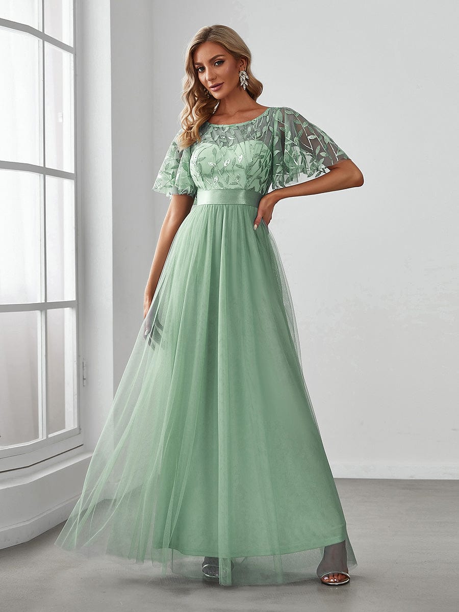 Women's A-Line Sequin Leaf Maxi Prom Dress with Sleeves #color_Mint Green