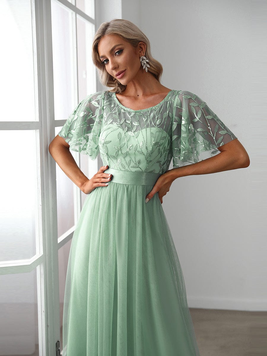 Women's A-Line Sequin Leaf Maxi Prom Dress with Sleeves #color_Mint Green