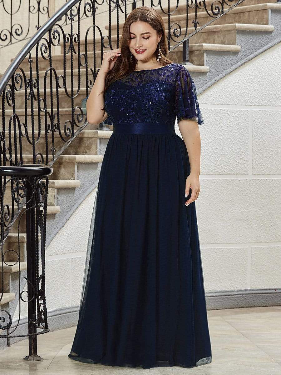 Plus Size Women's Embroidery Evening Dresses with Short Sleeve #color_Navy Blue 