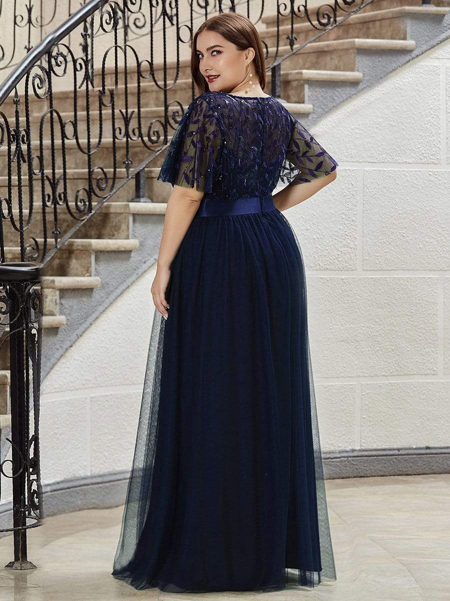 Plus Size Women's Embroidery Evening Dresses with Short Sleeve #color_Navy Blue 