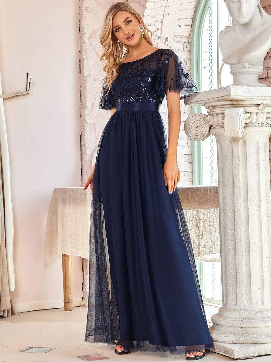 Women's A-Line Sequin Leaf Maxi Prom Dress with Sleeves #color_Navy Blue 