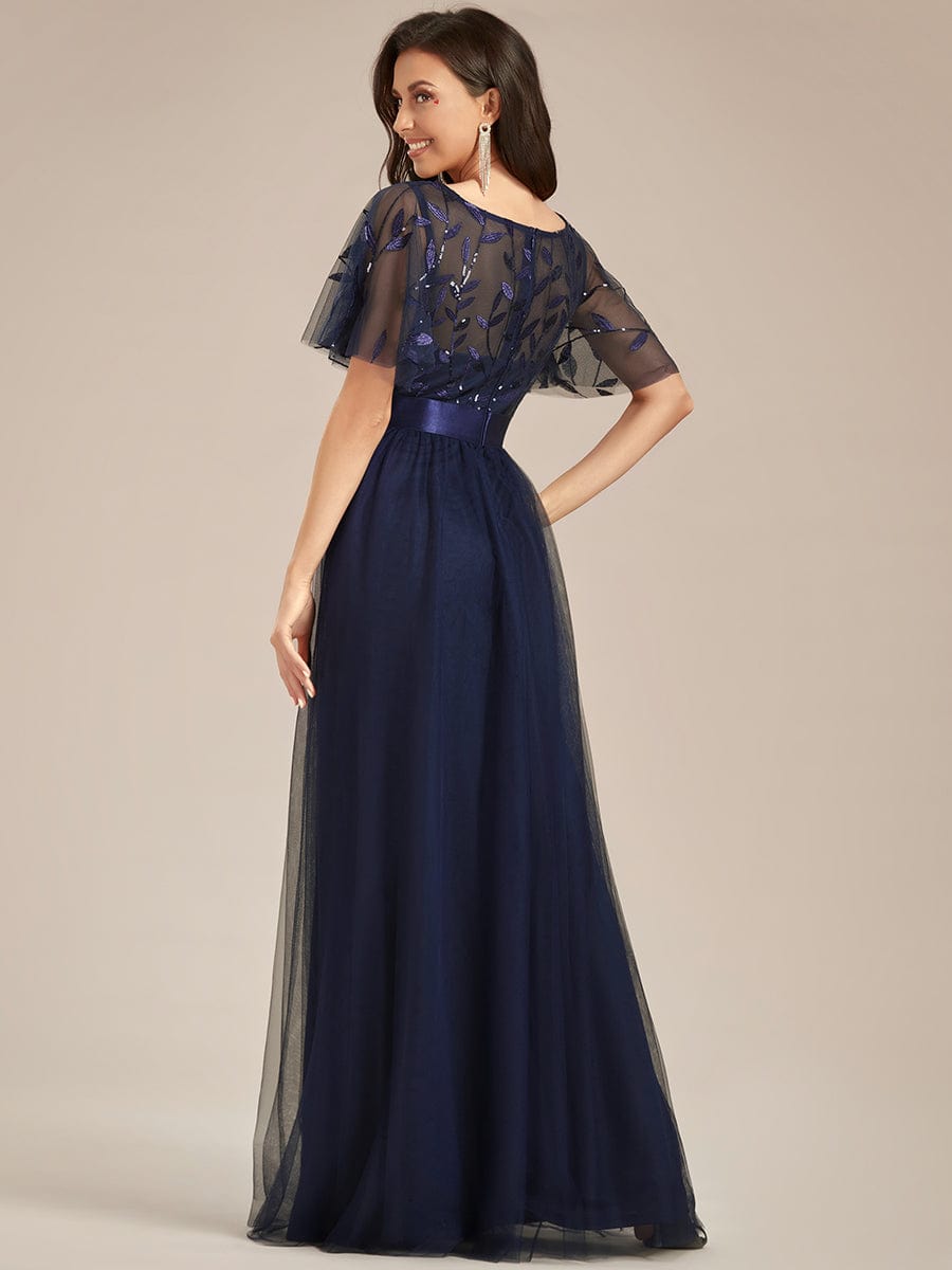 Women's A-Line Sequin Leaf Maxi Prom Dress with Sleeves #color_Navy Blue