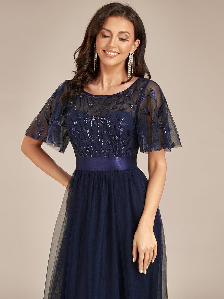 Women's A-Line Sequin Leaf Maxi Prom Dress with Sleeves #color_Navy Blue