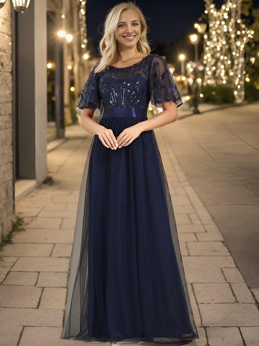 Women's A-Line Sequin Leaf Maxi Prom Dress with Sleeves #color_Navy Blue