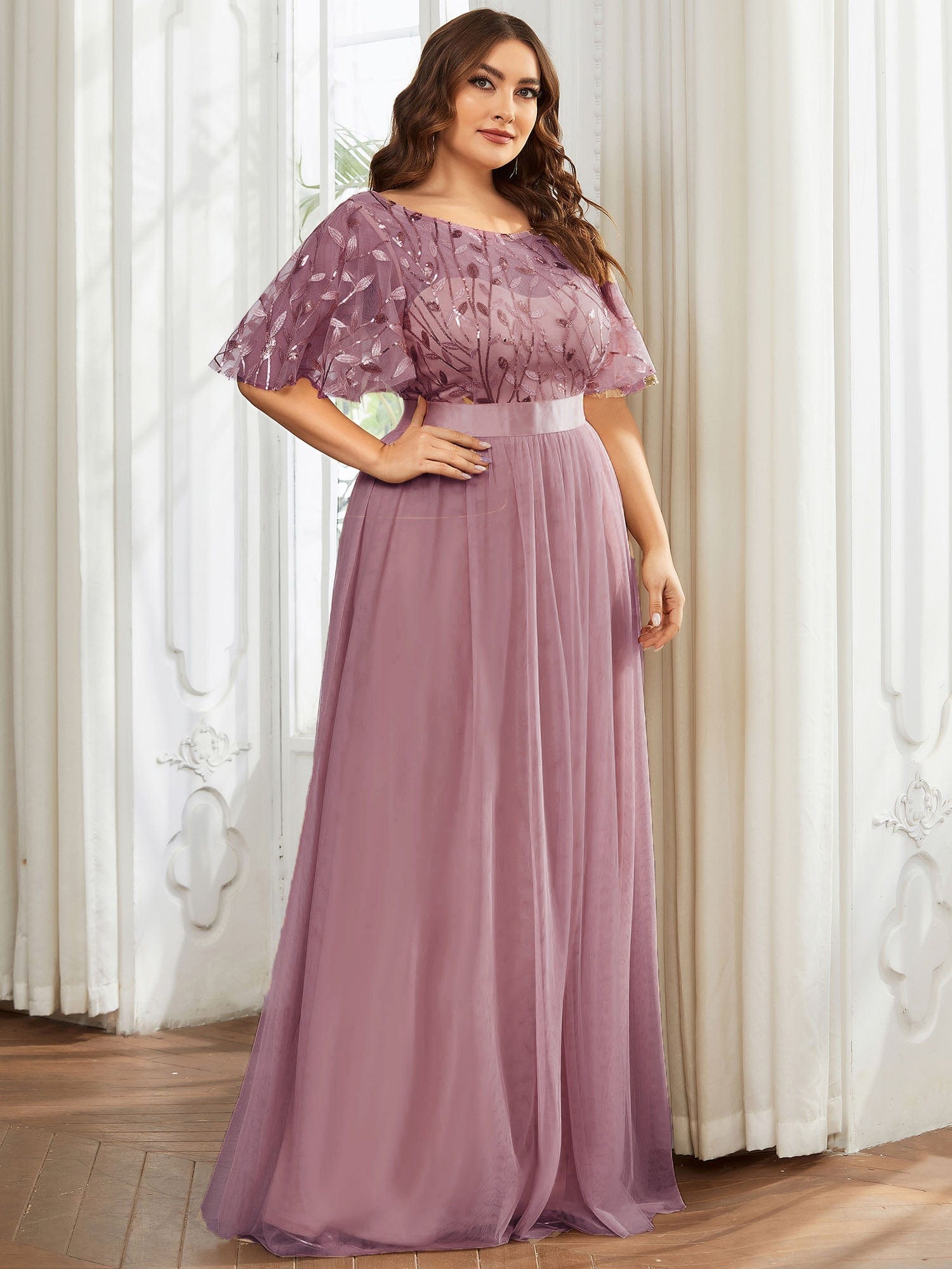 Plus Size Women's Embroidery Evening Dresses with Short Sleeve #color_Purple Orchid