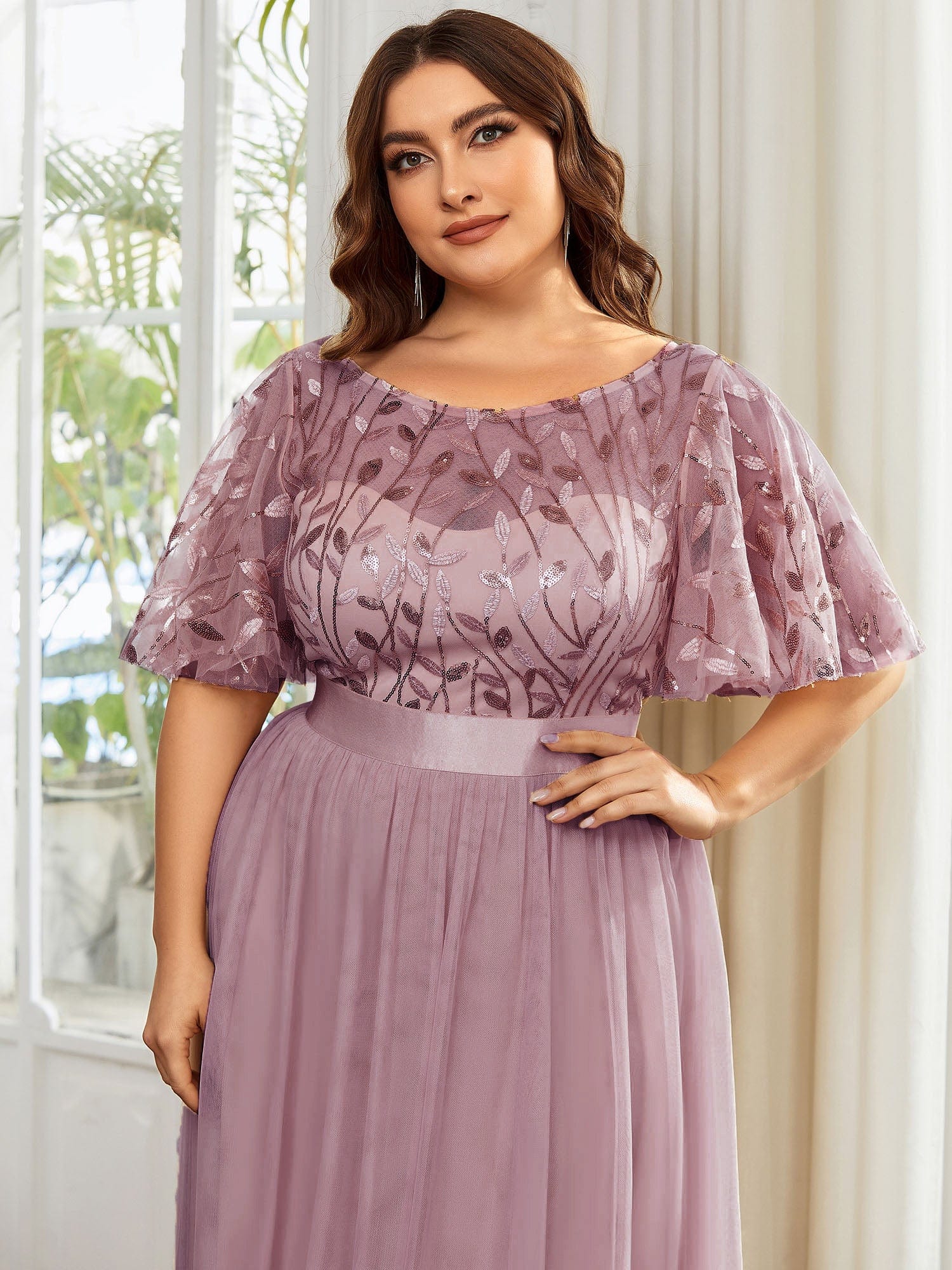 Plus Size Women's Embroidery Evening Dresses with Short Sleeve #color_Purple Orchid