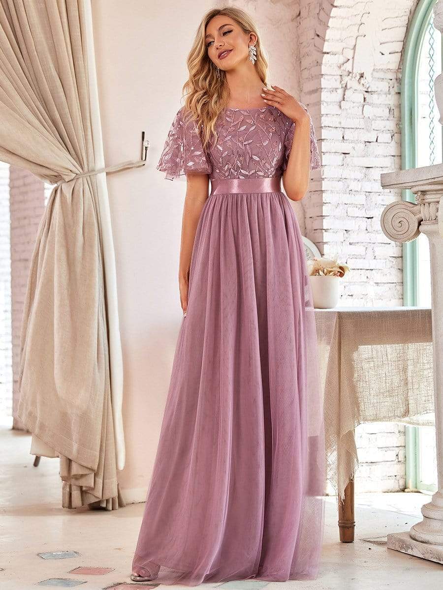 Women's A-Line Sequin Leaf Maxi Prom Dress with Sleeves #color_Purple Orchid 