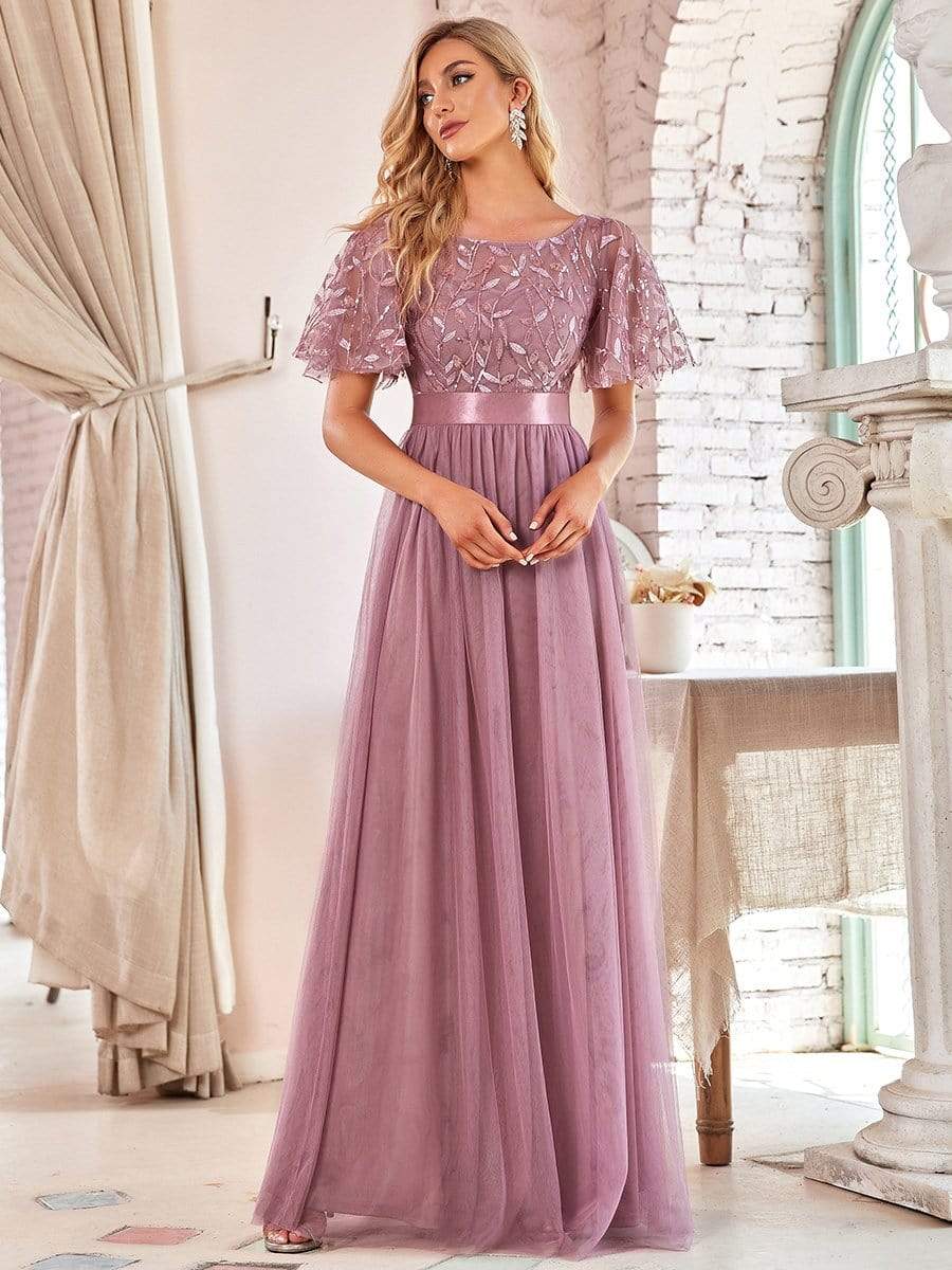 Women's A-Line Sequin Leaf Maxi Prom Dress with Sleeves #color_Purple Orchid 