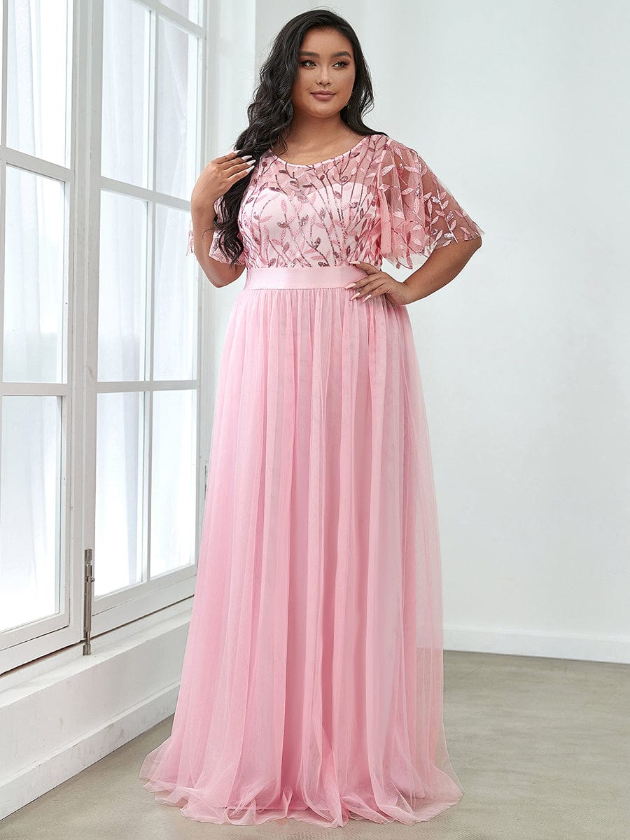 Women's A-Line Sequin Leaf Maxi Prom Dress with Sleeves #color_Pink