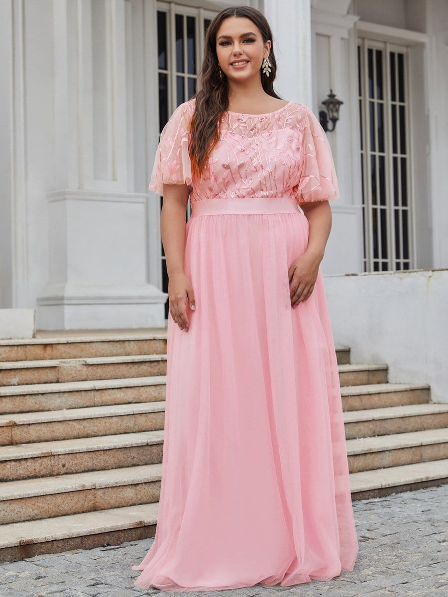 Plus Size Women's Embroidery Evening Dresses with Short Sleeve #color_Pink 