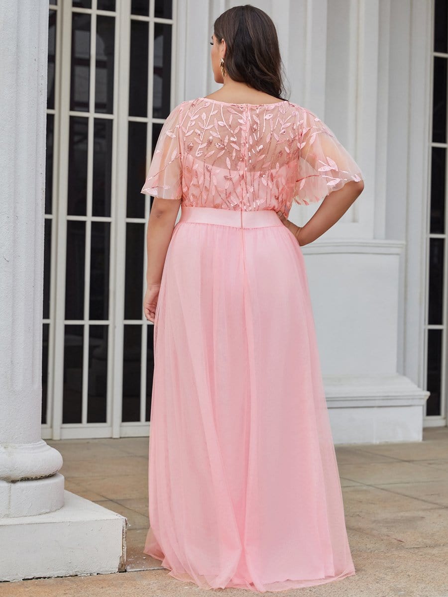 Plus Size Women's Embroidery Evening Dresses with Short Sleeve #color_Pink 