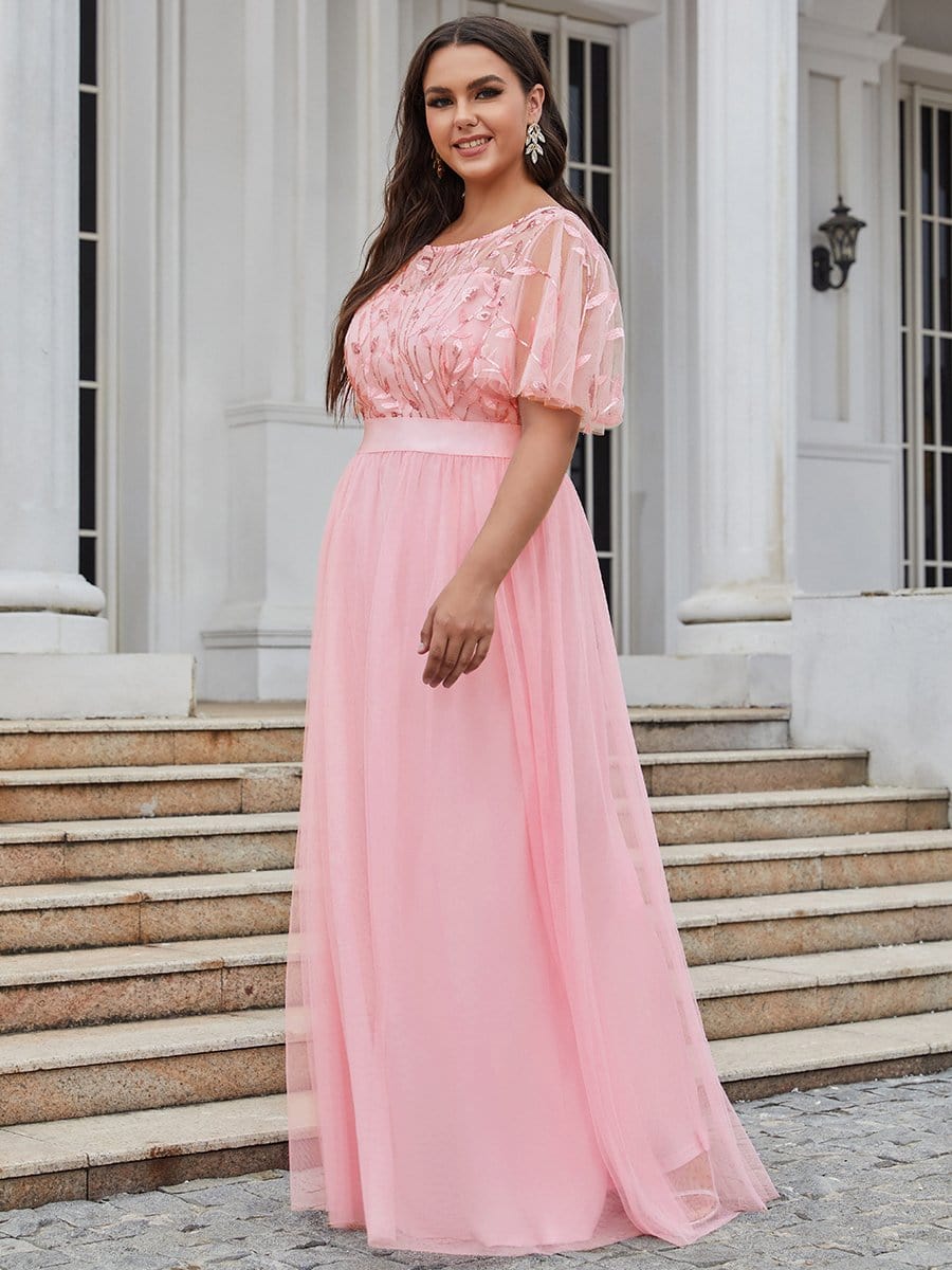 Plus Size Women's Embroidery Evening Dresses with Short Sleeve #color_Pink 