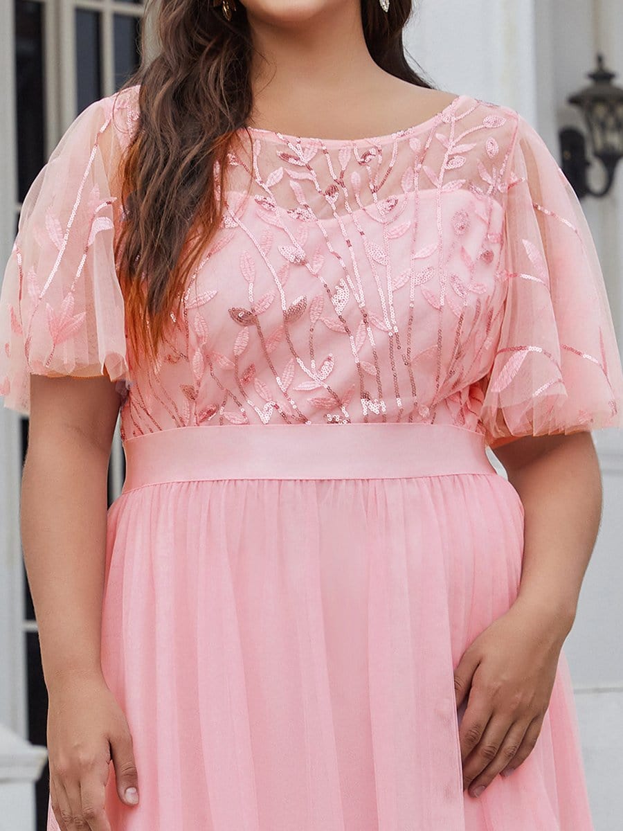 Plus Size Women's Embroidery Evening Dresses with Short Sleeve #color_Pink 