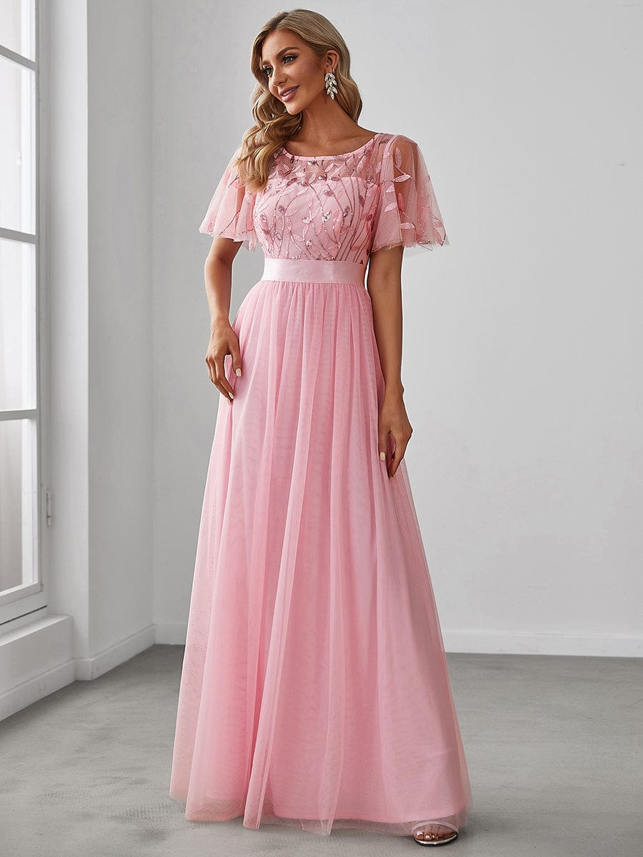 Women's A-Line Sequin Leaf Maxi Prom Dress with Sleeves #color_Pink