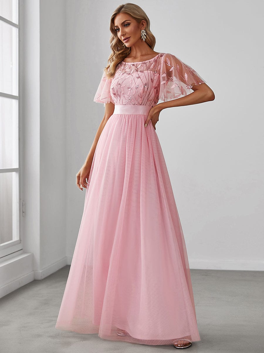 Women's A-Line Sequin Leaf Maxi Prom Dress with Sleeves #color_Pink