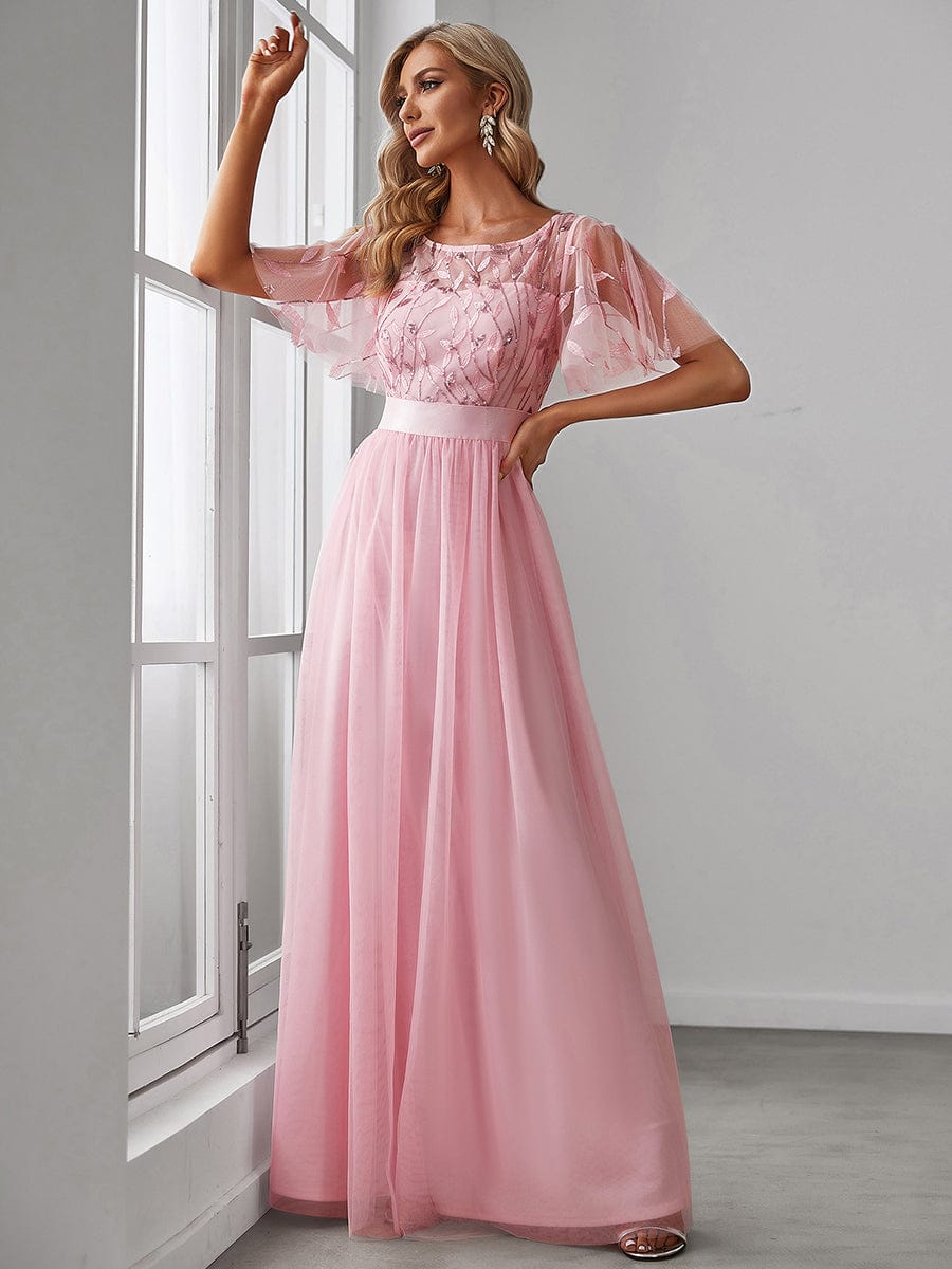 Women's A-Line Sequin Leaf Maxi Prom Dress with Sleeves #color_Pink