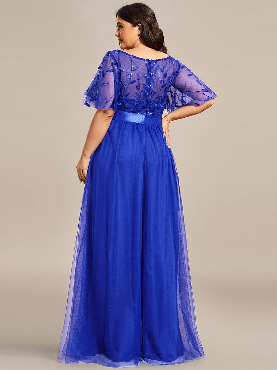 Plus Size Women's Embroidery Evening Dresses with Short Sleeve #color_Sapphire Blue