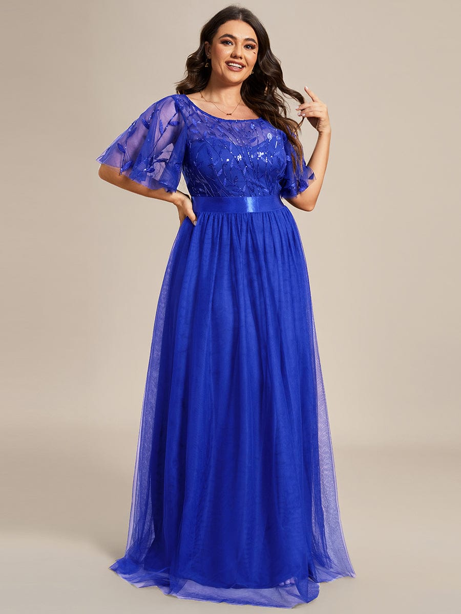 Plus Size Women's Embroidery Evening Dresses with Short Sleeve #color_Sapphire Blue