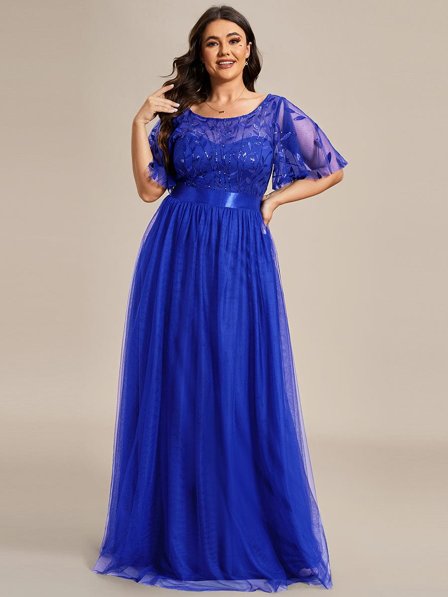 Plus Size Women's Embroidery Evening Dresses with Short Sleeve #color_Sapphire Blue