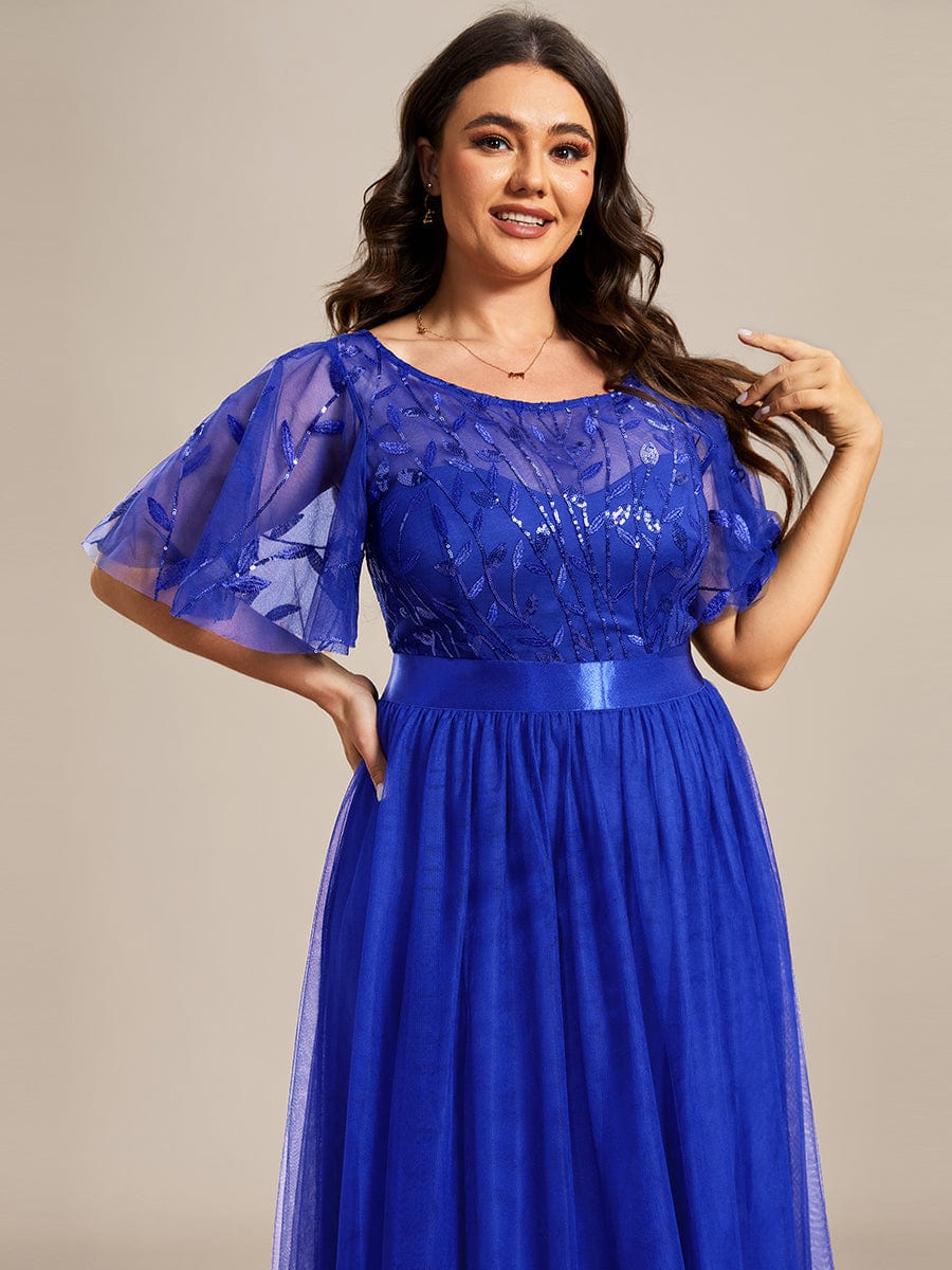 Plus Size Women's Embroidery Evening Dresses with Short Sleeve #color_Sapphire Blue