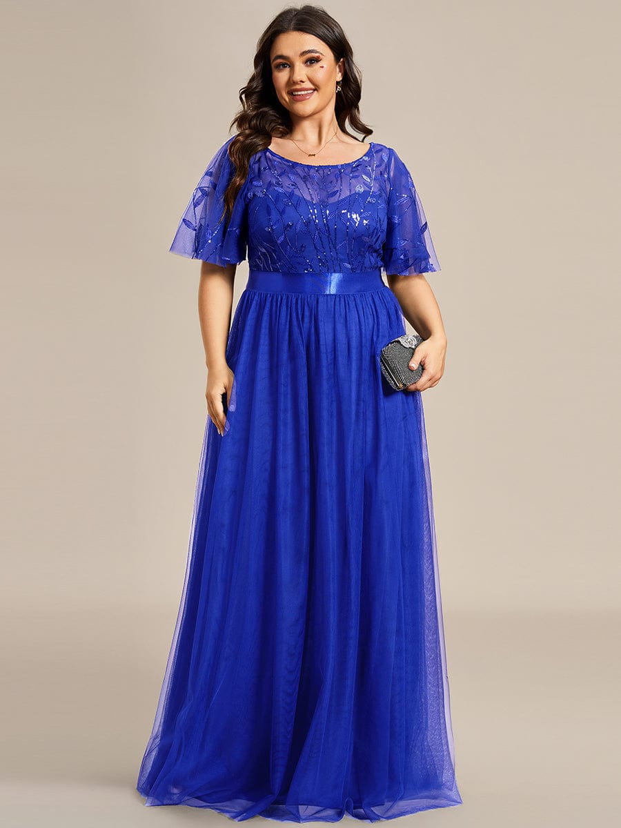 Plus Size Women's Embroidery Evening Dresses with Short Sleeve #color_Sapphire Blue