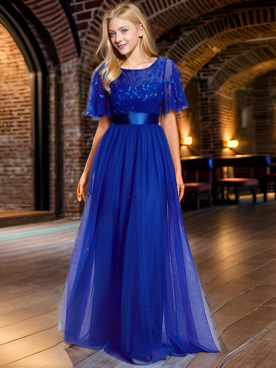 Women's A-Line Sequin Leaf Maxi Prom Dress with Sleeves #color_Sapphire Blue