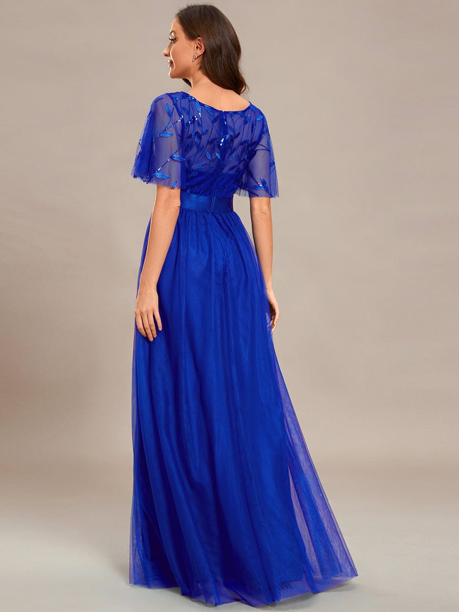 Women's A-Line Sequin Leaf Maxi Prom Dress with Sleeves #color_Sapphire Blue