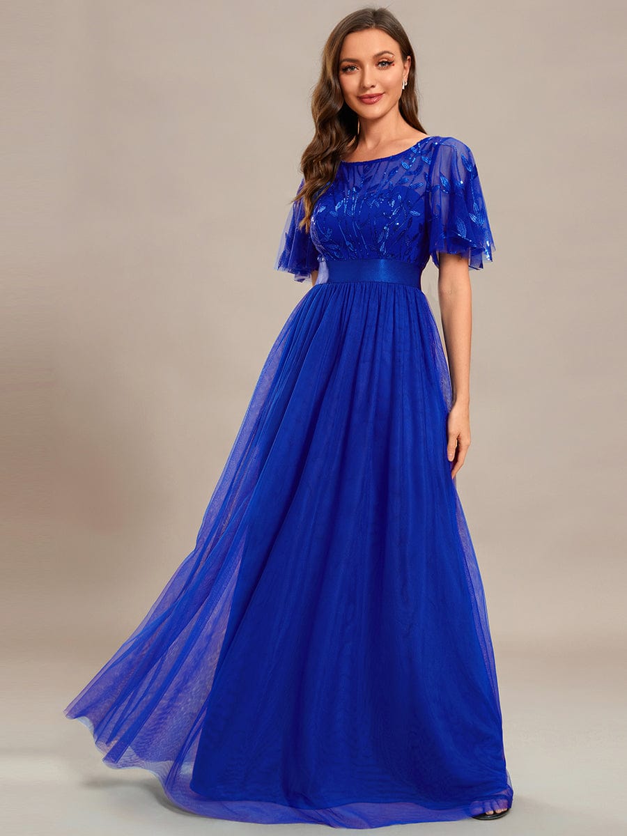 Women's A-Line Sequin Leaf Maxi Prom Dress with Sleeves #color_Sapphire Blue