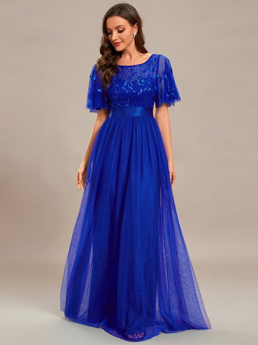 Women's A-Line Sequin Leaf Maxi Prom Dress with Sleeves #color_Sapphire Blue