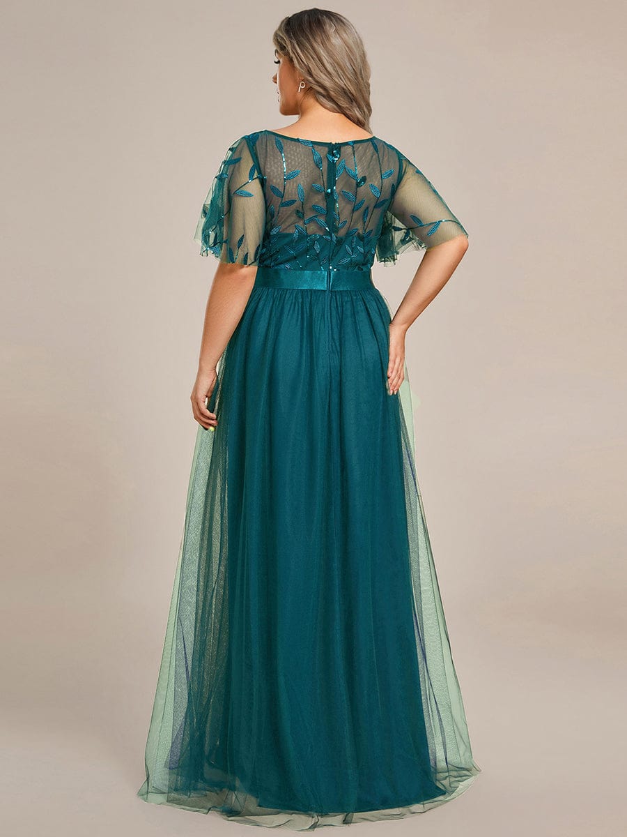 Women's A-Line Sequin Leaf Maxi Prom Dress with Sleeves #color_Teal