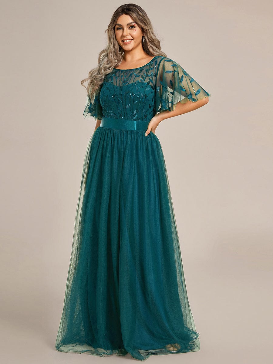 Plus Size Women's Embroidery Evening Dresses with Short Sleeve #color_Teal