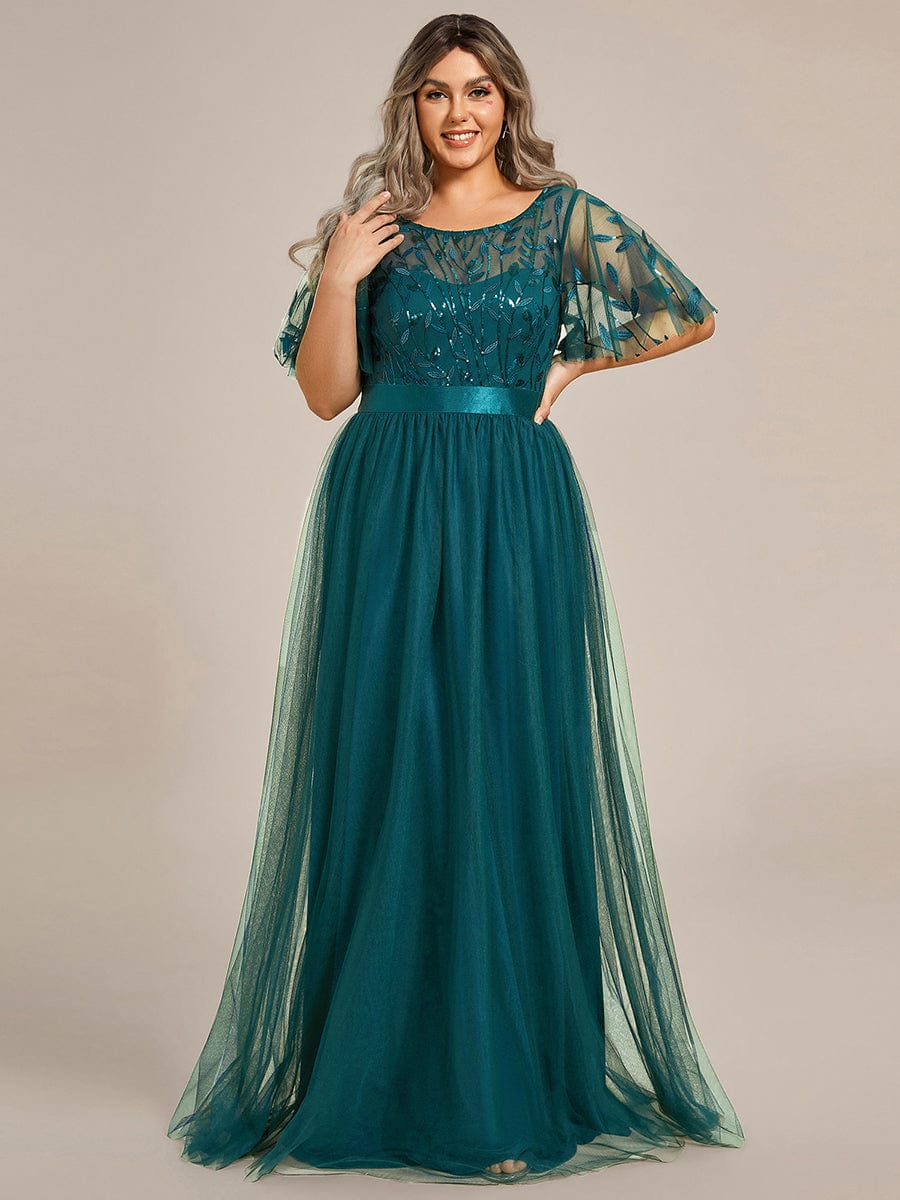 Plus Size Women's Embroidery Evening Dresses with Short Sleeve #color_Teal